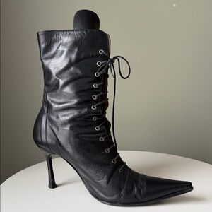 Gia Moretti leather pointed toe stiletto heel grommet lace-up Boots Flaw size 36